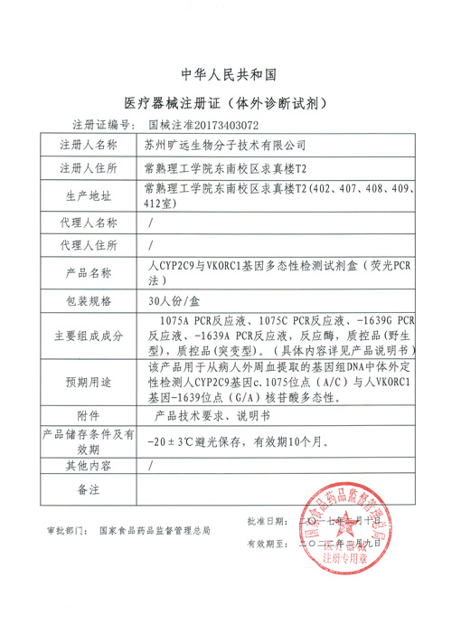 喜讯！！苏州全网担保网生物CYP2C9与VKORC1项目喜获Ⅲ类医疗器械注册证